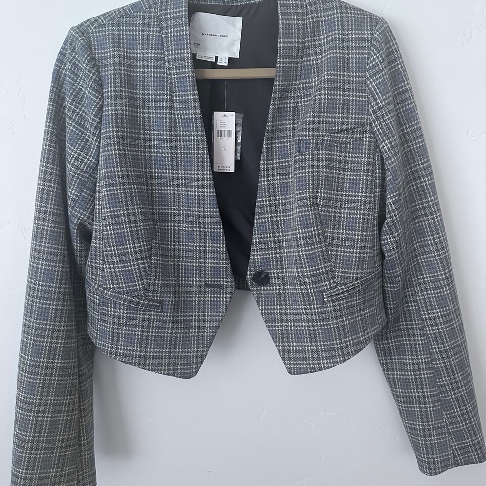 NWT Anthropologie Gray Cropped Plaid Blazer with Collarless Design